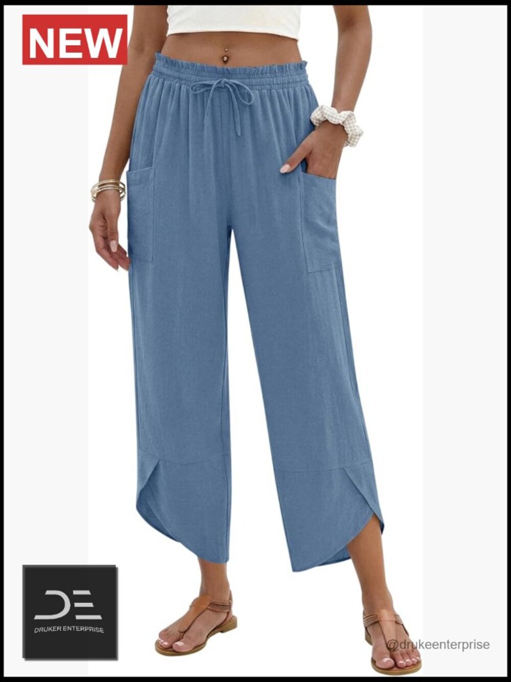 Women Linen Palazzo Pants Wide Leg Elastic Waist Casual Capri Harem Lounge with